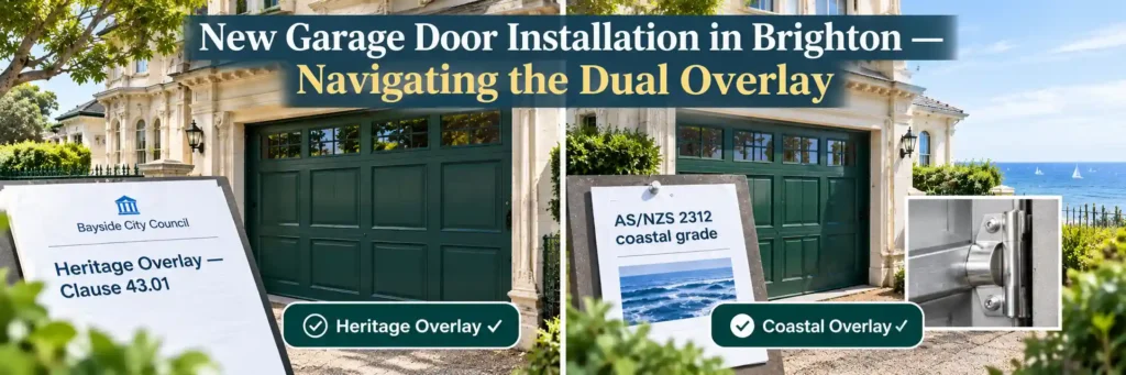 Heritage-style green garage door on a Brighton mansion illustrating heritage overlay requirements and coastal-grade hardware considerations.