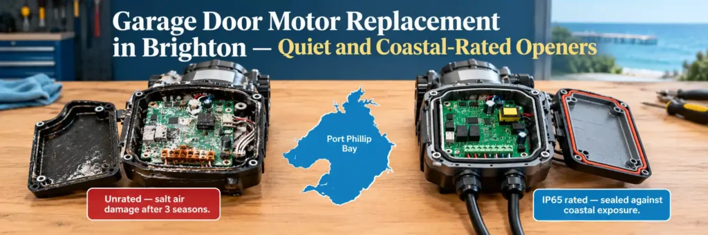 Comparison of a salt-corroded garage door motor and a sealed IP65-rated opener for coastal homes in Brighton.
