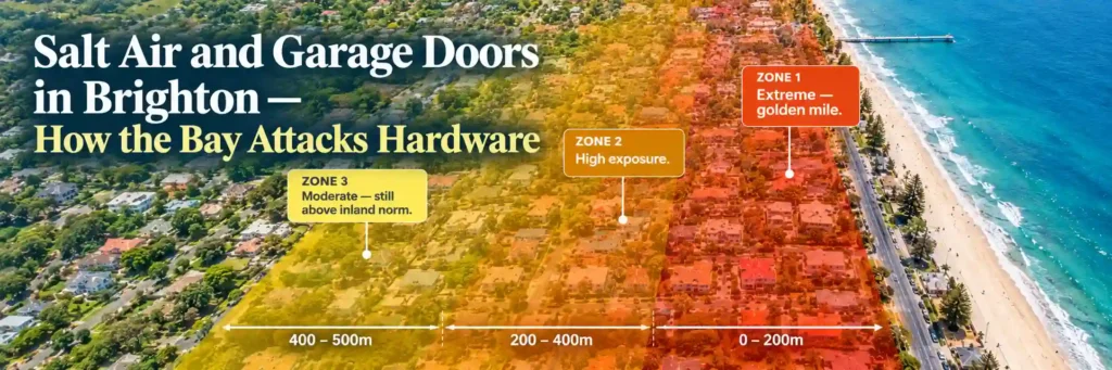 Aerial view of Brighton's coastal homes showing salt air exposure zones from Port Phillip Bay and their potential impact on garage door hardware.
